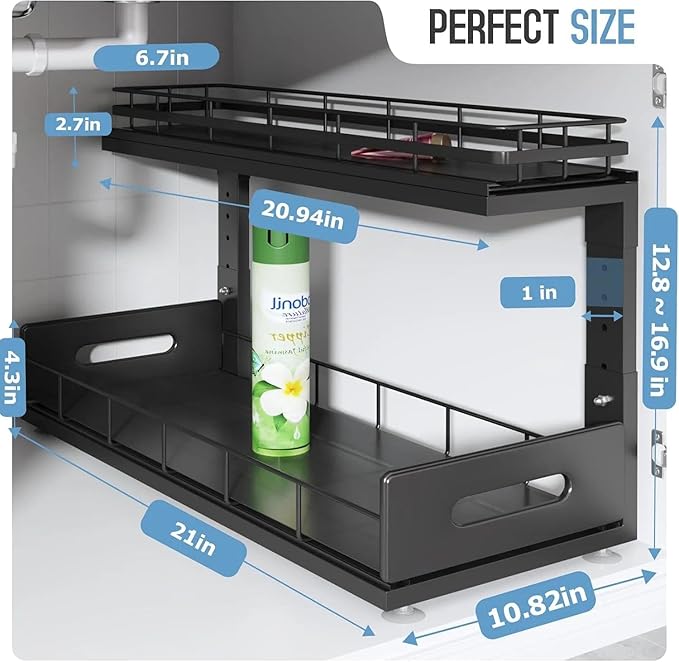 Under Sink Organizer Upgrade To Professional Rails,2-Tier Dual Pull Out Cabinet Storage,Height Adjustable Slide Out Drawers For Bathroom Kitchen,1 Pack-21"Dx12.8"-16.9"H,Black