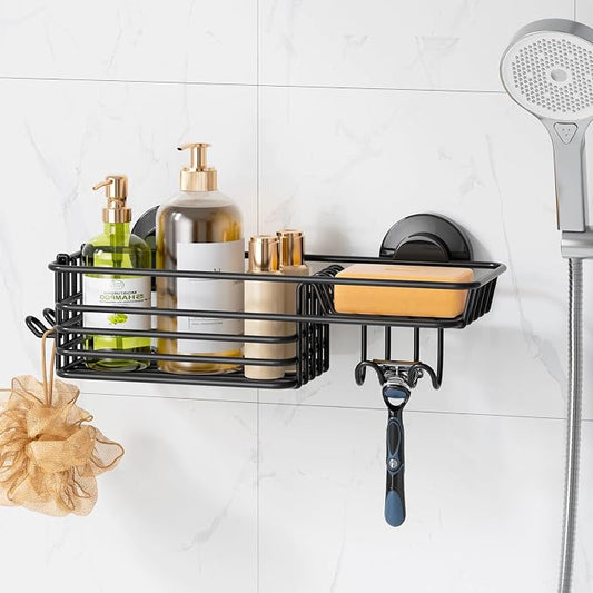 LEVERLOC Suction Cup Shower Caddy, Bathroom Shelf With Hook & Soap Holder | Black Shower Caddies, Soap Holder, No Drill Bathroom Caddy, Heavy Duty Shower Organizer, Removable Bathroom Shelf
