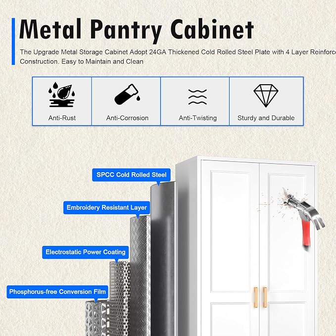 Polup 60" White Metal Kitchen Pantry Storage Cabinet with Doors and Shelves | Freestanding Cupboard, Cold-Rolled Steel, 4-Tier Heavy Duty, Adjustable Shelving, Gold Handles, for Garage Office & Laundry