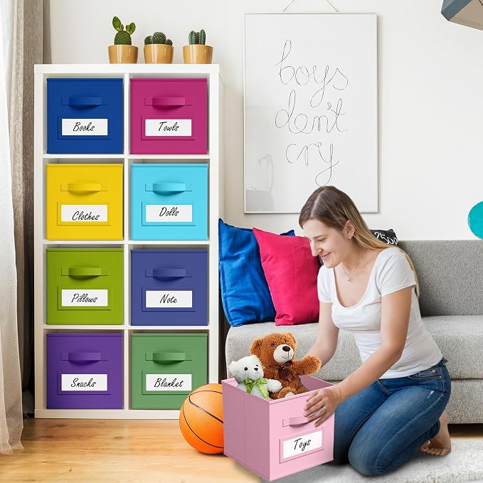 Teenyyou 10 Pack Fabric Storage Cubes 13 Inch Collapsible Cube Bins with Label Window & Handle Foldable Organizers Baskets for Shelf Closet Nursery Kids Room Clothes Book Toy(Candy)