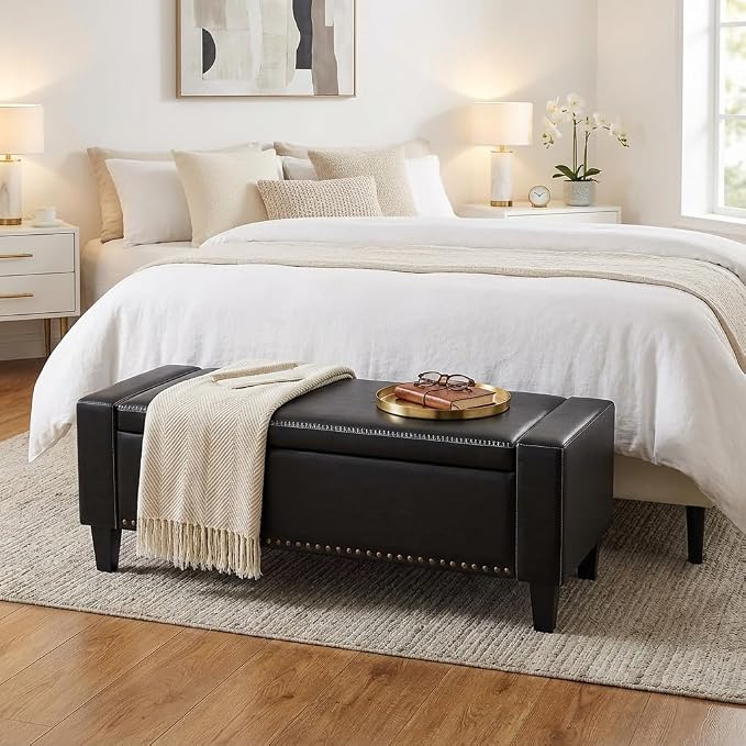AKMAKM 49''W Storage Ottoman Bench, 30 Gallons End of Bed Bench, Faux Leather, Mid Century Modern, Upholstered Bench with Storage and Seat for Entryway, Living Room, Holds up to 350 lb, Black