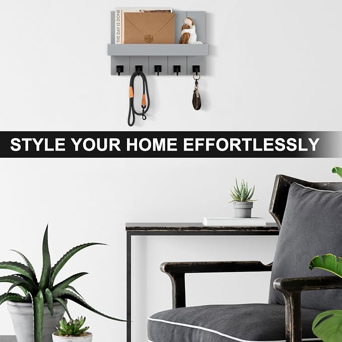 Key Holder for Wall, Decorative Key Holder with Shelf, Key and Mail Holder Wall Mount, Farmhouse Decor with 5 Key Hooks for Keys, Coats, ect.
