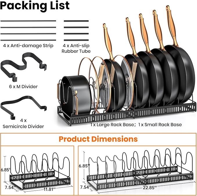 MUDEELA Expandable Pot Pan Lid Organizers inside Cabinet, 10 Divider-Black | Expandable 11.8–22.9", 10 Adjustable Divider, Tool-Free Assembly, Non-Slip, Scratch-Proof, For Pan Lid Cutting Board Bakeware