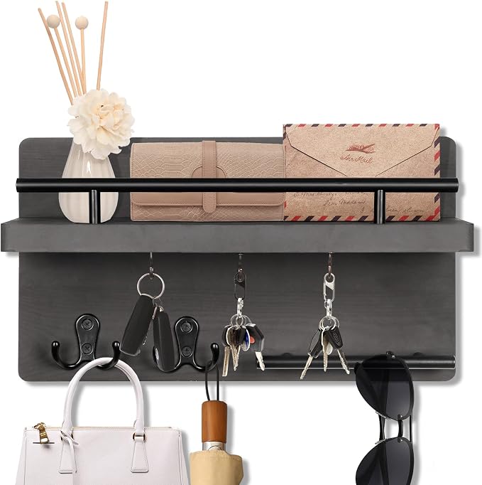 Wooden Key Holder Wall Mount With 5 Hooks For Entryway, Mudroom, Hallway | 2-Tier Design, Supports Up To 20 Lbs, Key Holder with Sturdy Black Metal Rail for Mail Plant Wallet Coat, Homeowners Renters