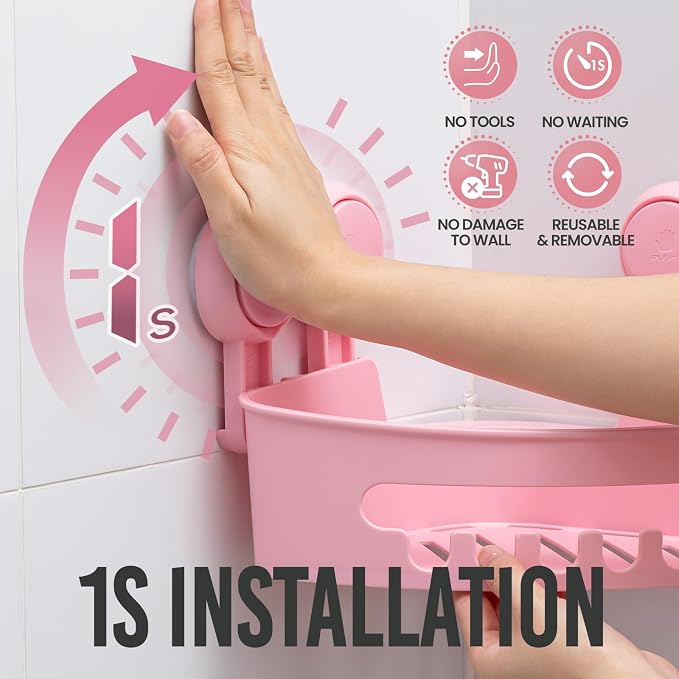 TAILI Corner Shower Caddy with Suction Cups, Wall Organizer Plastic Rack | Small Bathroom Caddy, Removable, Drill-Free, Heavy Duty Shower Basket, PINK