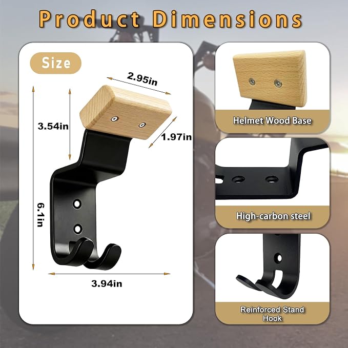 Motorcycle Helmet Holder Wall Mount - Heavy Duty Helmet Hanger Rack with 2 Key Hooks, Solid Wood & Strong Steel Design for Bike, Football, Skiing Sports Gear, Jackets & Hats (Yellow*2)