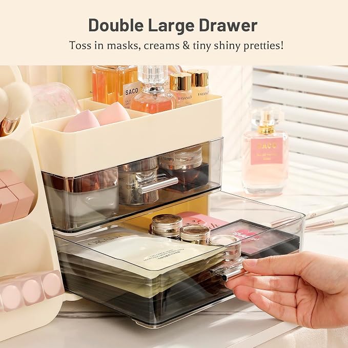 Aveniee Makeup Organizer with Drawers, Large Bathroom Countertop Storage for Vanity, Cosmetic & Skincare Display Case for Brushes, Perfumes, Lipsticks (Cream White)