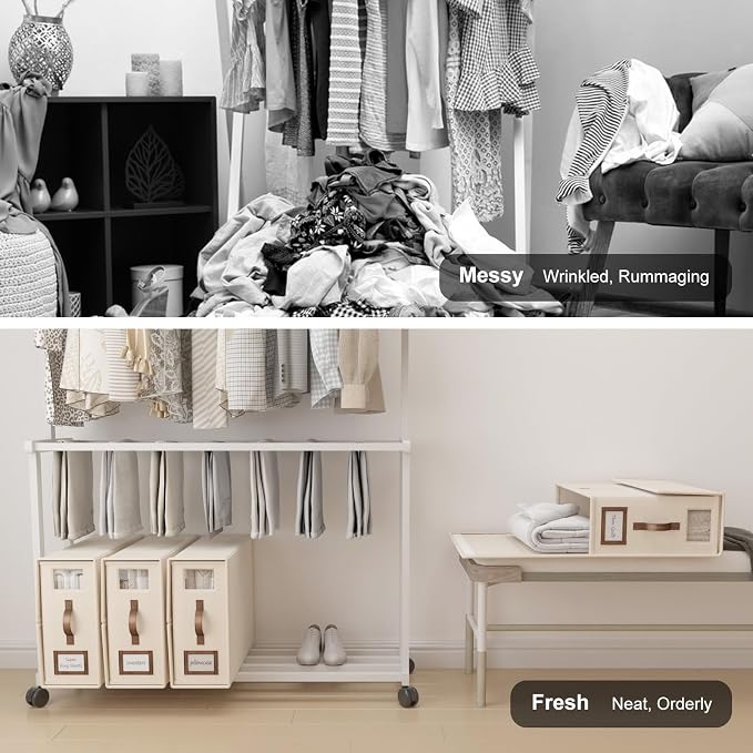 4 Pack Foldable Bed Sheets Set Organizers and Storage(Cal King Size),Linen Fabric Closet Organizers with Window,Folding Bedding Storage Box for Bedsheets and Pillow Cube Organizer-Beige