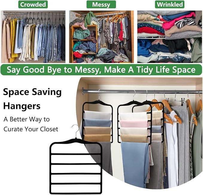 Pants Hangers Space Saving,5P Scarf Hangers for Closet Organizers and Storage,Non Slip Velvet Hanger for Closet Organizer,College Dorm Room Essentials,Heavy Duty Organization and Storage Jean Hangers