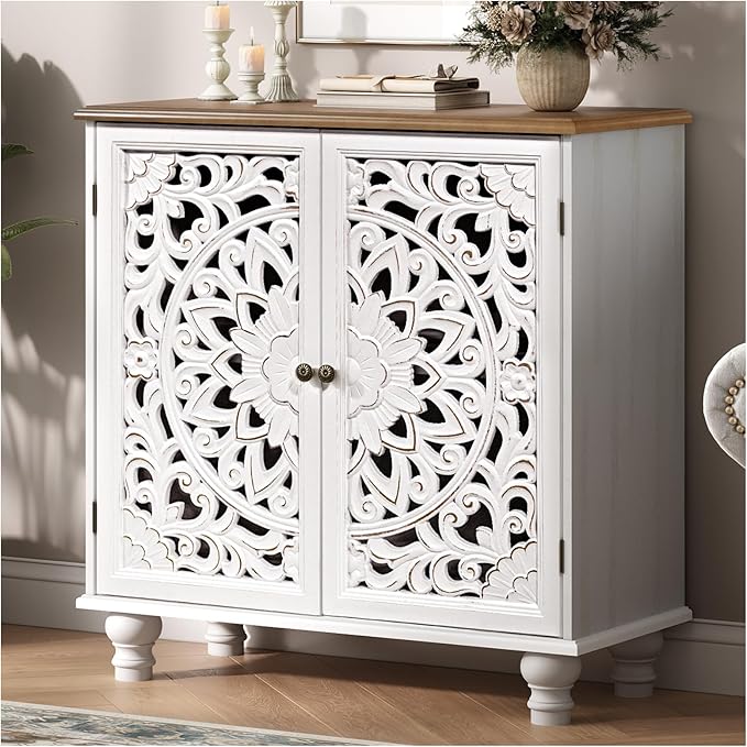 JOINICE 31" Accent Storage Cabinet with Carved Doors,Mandala White | Carved Floral Design, Solid Wood Legs, Boho/Farmhouse, Versatile Storage for Living Room & Bedroom & Hallway, Easy Assembly
