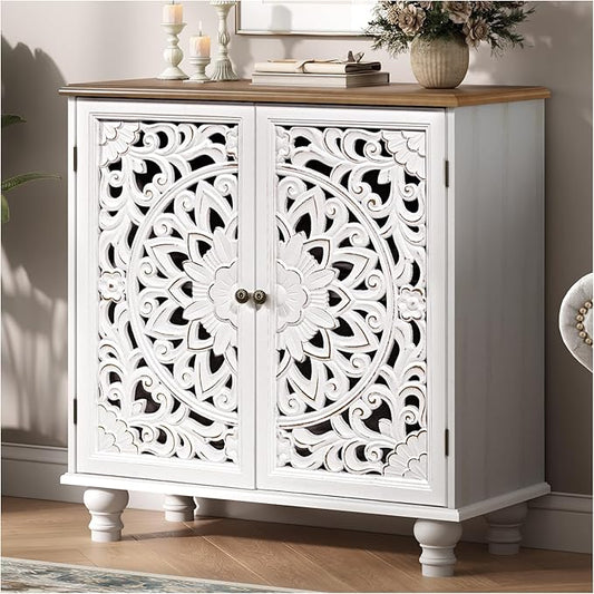 JOINICE 31" Accent Storage Cabinet with Carved Doors,Mandala White | Carved Floral Design, Solid Wood Legs, Boho/Farmhouse, Versatile Storage for Living Room & Bedroom & Hallway, Easy Assembly