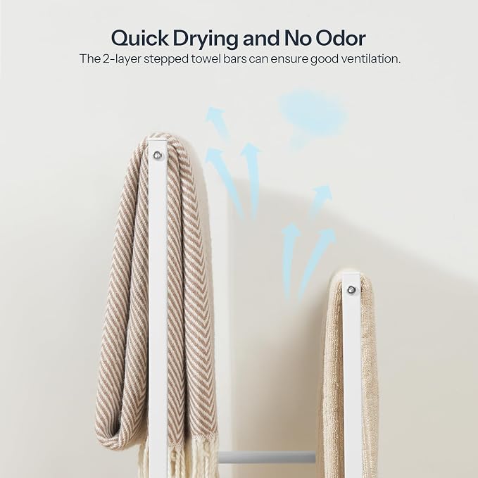 HOOBRO Free Standing Towel Rack for Bathroom, 2 Tier Blanket Rack, 16.5" L x 9.4" W x 31.5" H, Blanket Holder, Drying and Display Rack with Shelf, White and Grey WG02LB01