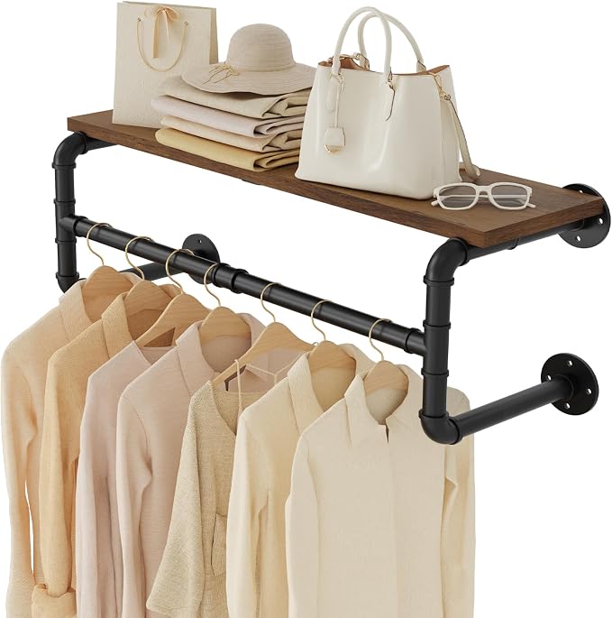 Yawinhe Industrial Pipe Clothes Rack with Top Shelf, Wall Mounted Garment Rack, Space Saving Hanger with 4 Bases, for Shops, Homes (28x10.23x10.23in) | Wall Mounted Clothes Rail;Wardrobe Hanging Rail Bar Rack for Laundry and Closet;Heavy Duty Retro Wal...