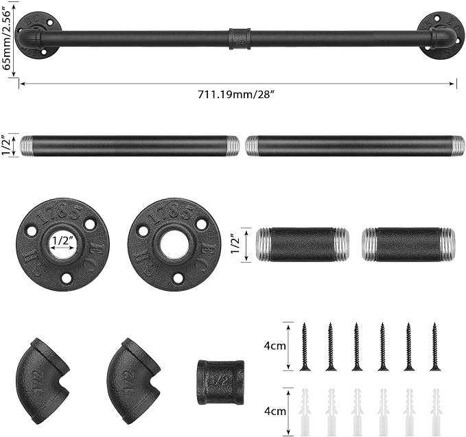 Industrial Pipe Towel Rack Towel Bar, Heavy Duty Wall Mounted Rustic Farmhouse Bath Towel Holder for Bathroom (Black, 28 inch)