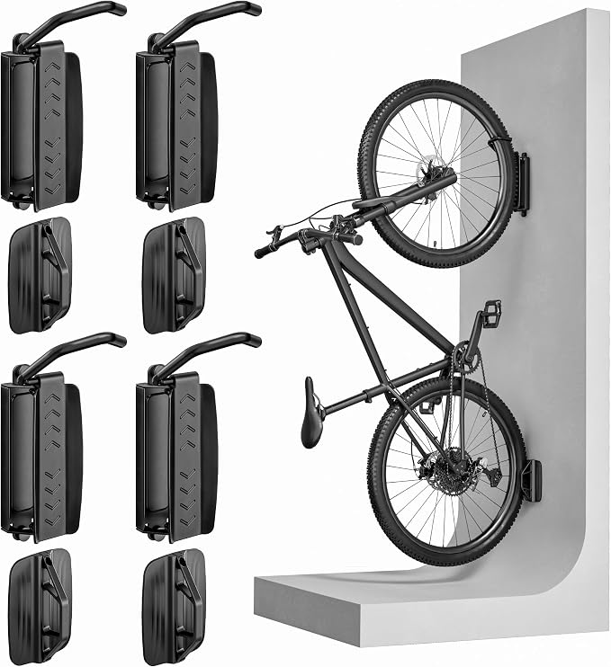 Bike Wall Mount for Garage, Holds 77lbs,Swivel Indoor Bike Storage, 4 Pack | Adjustable 65° angle for space-saving storage. Fits most bikes with tires under 3.15"H/3.5"W. Ideal for garage & entryway.