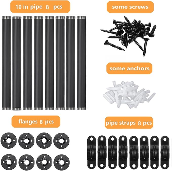 Industrial Black Iron Pipe Shelf Brackets 10 Inch Wall Mount DIY Shelving Brackets Pipe Decor Wall Rustic Clothing Rack 8 Pack, Hardware Included