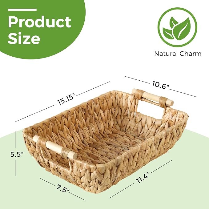 Wicker Baskets with Wooden Handles, Large Water Hyacinth Storage Baskets | 2 Pack, Natural Water Hyacinth Woven Basket for Organizing Shelves, Handwoven Gift Baskets Empty for Snack Display Home Decor