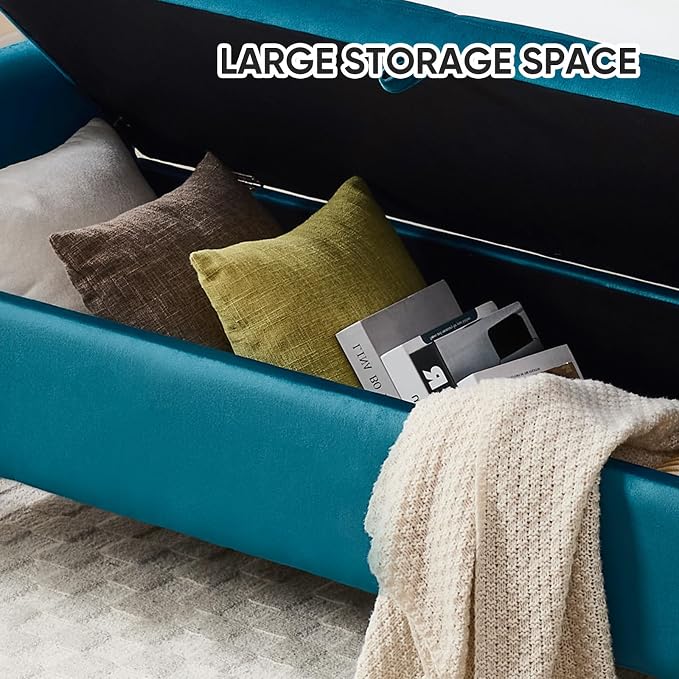 65" Storage Bench for Bedroom, Velvet End of Bed Bench, King Size Bed Benches for Foot with Tufted Button and Gold Legs, Upholstered Window Ottoman Benches with Armrests, Vintage Green