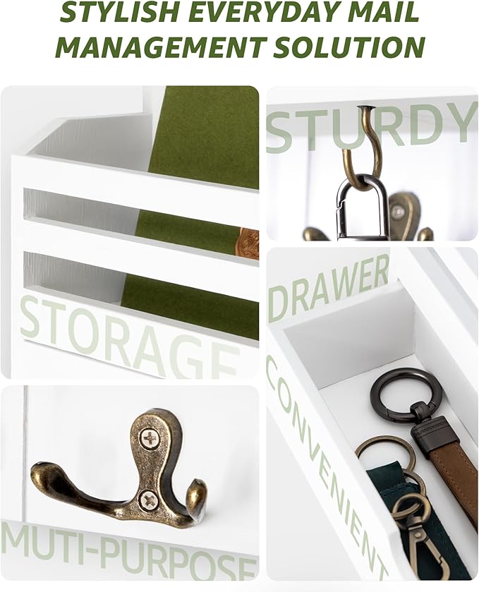Rebee Vision Mail Organizer Wall Mount with Drawer for Living Room, White | Modern Key and Mail Holder for Wall, Drawer Organizer, 7 Key Hooks, Mail Sorter, Hallway, Office Essentials, Home Decor