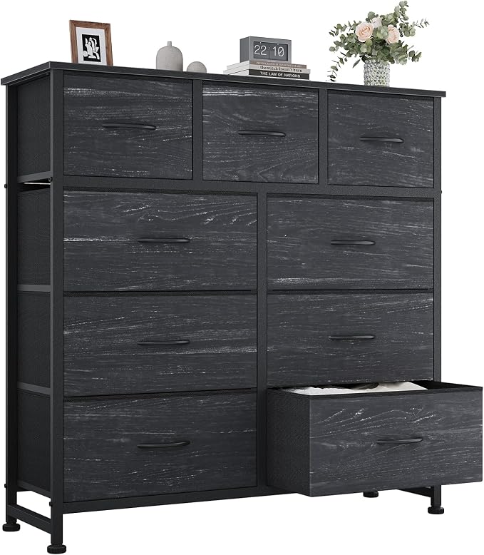 OLIXIS 9 Drawer Tall Dresser for Bedroom, Closet Organizers and Storage | Fabric Dresser with Wooden Top, Chest of Drawers for Clothes Storage, Tower Cabinet, Furniture, TV Stand, Black Wood Grain