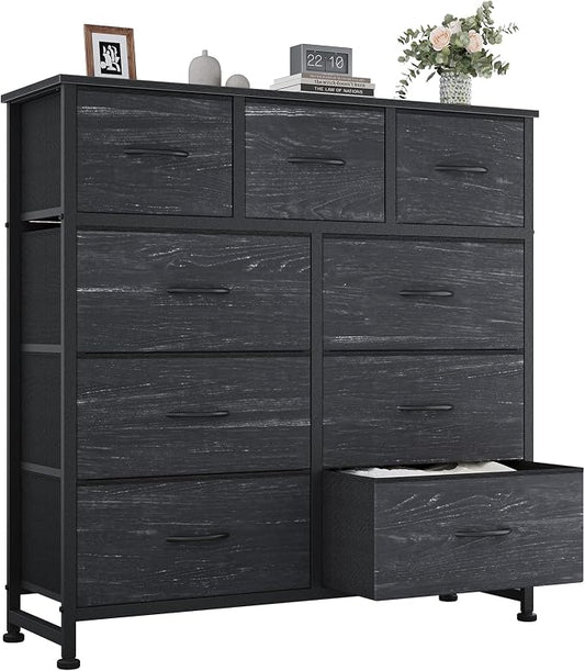 OLIXIS 9 Drawer Tall Dresser for Bedroom, Closet Organizers and Storage | Fabric Dresser with Wooden Top, Chest of Drawers for Clothes Storage, Tower Cabinet, Furniture, TV Stand, Black Wood Grain