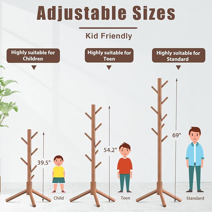 Haddockway Wooden Coat Rack Stand with 8 Hooks New Zealand Pine 3 Adjustable Coat Standing Tree Easy Assembly for Coats, Hats, Scarves and Handbags for Entryway, Hallway, Bedroom, Office