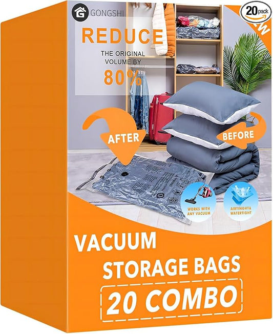 GONGSHI Vacuum Storage Bags, Space Saver Seal Bags For Clothing, Travel Luggage,Blankets, Comforters, Pillows, Clothes Storage.20 Combo