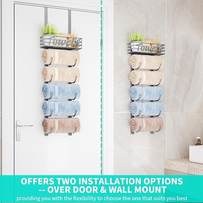 HapiRm Towel Racks for Bathroom Storage - 6 Tier Over The Door & Wall Mount Rolled Towel Storage Organizer Holder with Metal Shelf Basket for Small Bathroom, Camper, Rv - Sliver, Patented