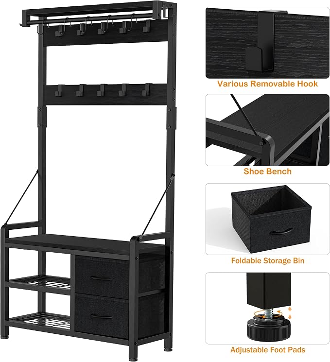Hall Tree with Bench and Shoe Storage, 31.5” Coat Rack Freestanding | Black, 5 in 1 Intelligent Design, 17 Hooks, 2 Drawers, Handy Clothes Rail