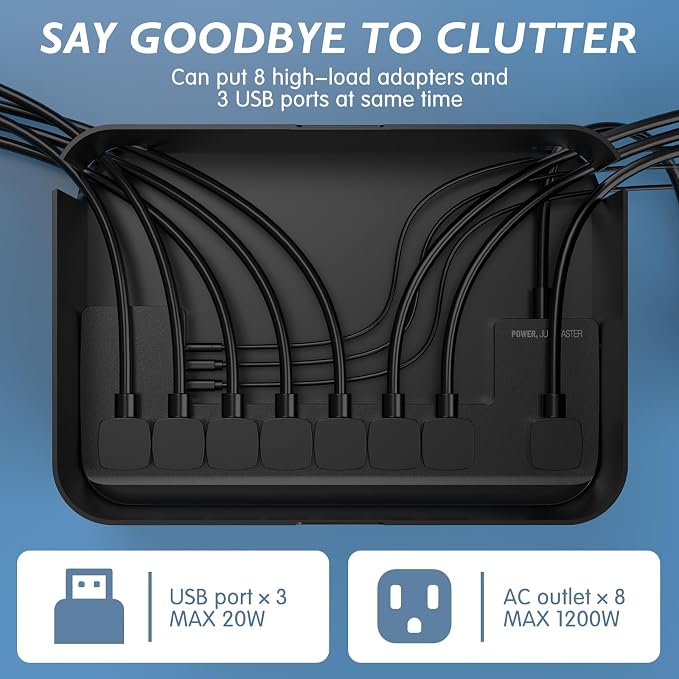 Power Strips with Cable Management Box, Surge Protector, Black | Cord Organizer with 8 Outlets 3 USB Ports Switch Control, 6.6 ft Plug Extension Cord, Charging Station for Dorm, Office, Home