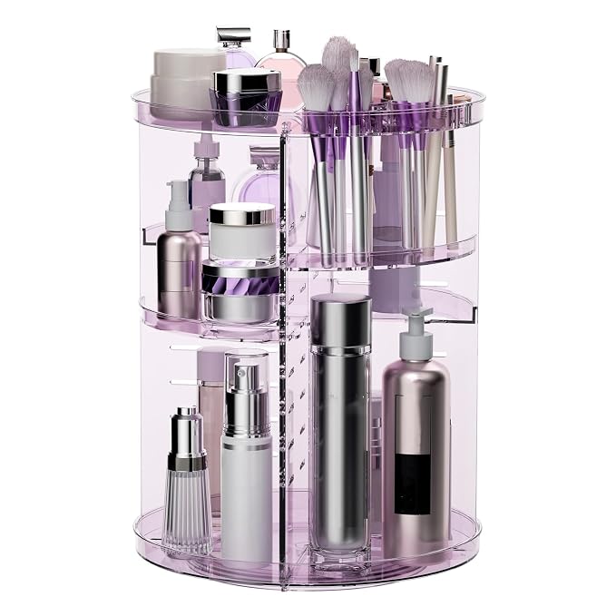 Rotating Makeup Organizer, DIY 8 Adjustable Layers Spinning Skincare Storage, Cosmetic Display Case with Brush Holder and Perfume Tray, Multi-Function Vanity Bathroom Countertop Organizer Clear Purple
