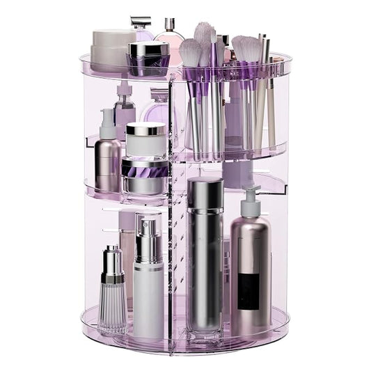 Rotating Makeup Organizer, DIY 8 Adjustable Layers Spinning Skincare Storage, Cosmetic Display Case with Brush Holder and Perfume Tray, Multi-Function Vanity Bathroom Countertop Organizer Clear Purple