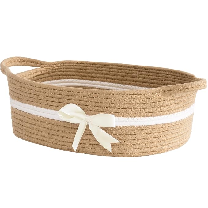 CHICVITA Small Woven Rope Gift Basket, Nursery Storage Basket, Camel | 13" x 10" x 5", Towels, Snacks, Toys & Diapers Storage, Bathroom, Nursery & Shelf Organization, Built-In Handles