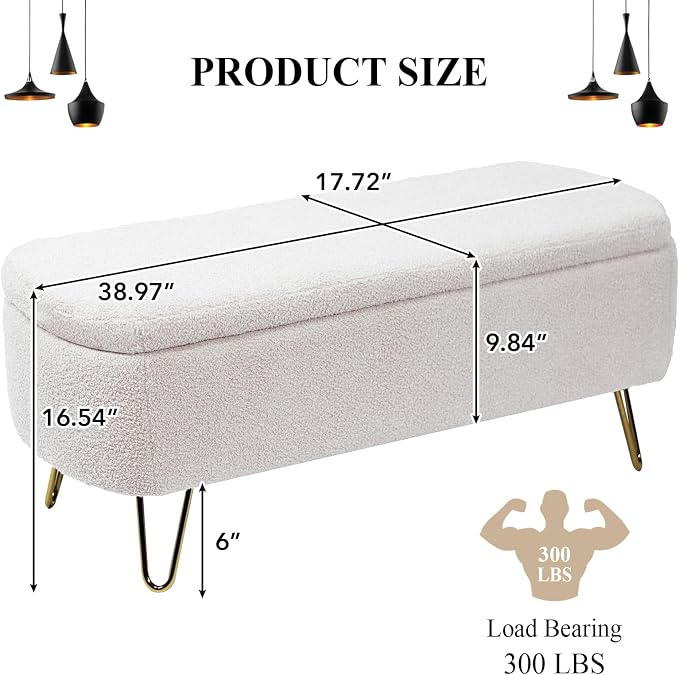 Modern Storage Ottoman Bench, Teddy Upholstered Entryway Bench with Gold Legs, Vintage End of Bed Bench with Safety Hinge, Padded Bench with Storage for Living Room, Bedroom, Entryway(Ivory)