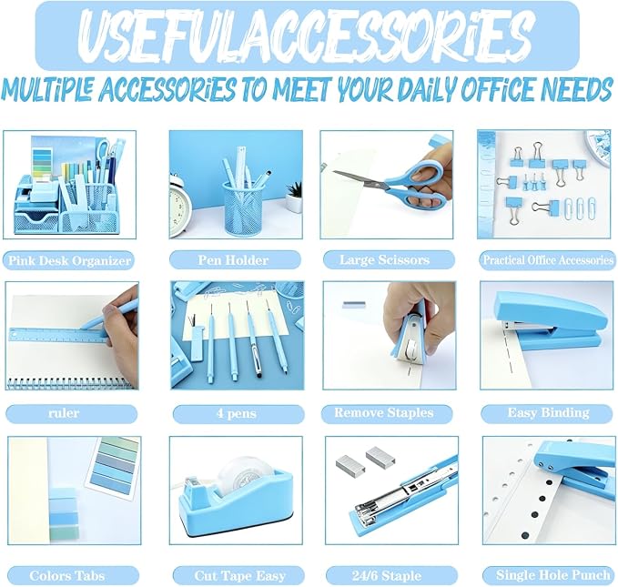 Blue Office Supplies, 17Pcs Blue Desk Accessories Set Include Stapler, Mesh Desk Organizer, Tape Dispenser, Staple Remover, Pen Holder, Clips, Pens, Ruler, for Office Home School Women Students Gift