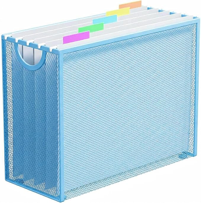 Letter-Size Hanging File Organizer (Blue, with 5 Grey Folders) | File Holder Filing Box for Desk, Metal Mesh Desk File Folder Storage for Office(No Assembly Required)