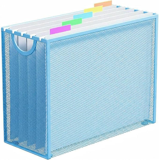 Letter-Size Hanging File Organizer (Blue, with 5 Grey Folders) | File Holder Filing Box for Desk, Metal Mesh Desk File Folder Storage for Office(No Assembly Required)