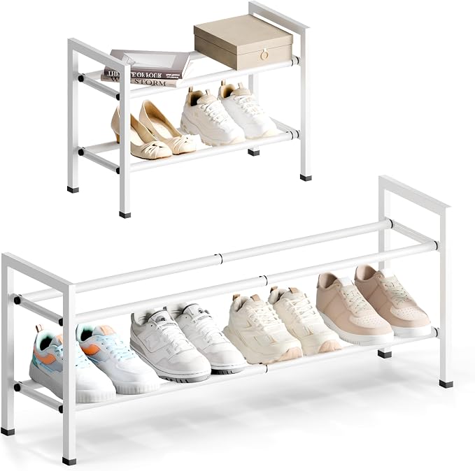 Bumusty 2 Tier Expandable Shoe Rack for Closet, White | 18"-33" Adjustable Shoe Rack for Entryway, Small Shoe Organizer for Dorm, Front Door, Sturdy Metal