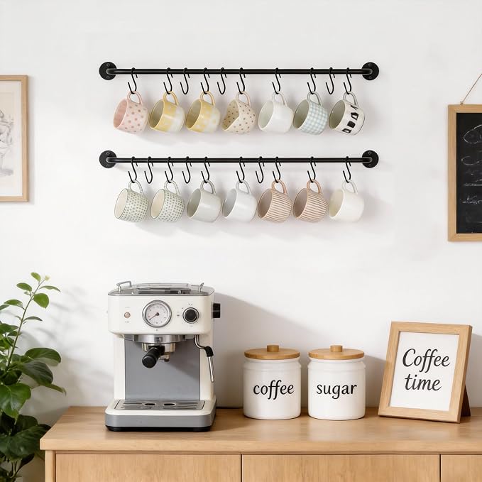Mkono Wall Mounted Mug Holder, Coffee Cup Hanger Rack with 20 Hooks, 2 Pack | Kitchen Rod, Space Saving, Easy Assembly, Wall & Under Cabinet, Durable Metal, Kitchen Dining Bar Organizer, Multi-Function