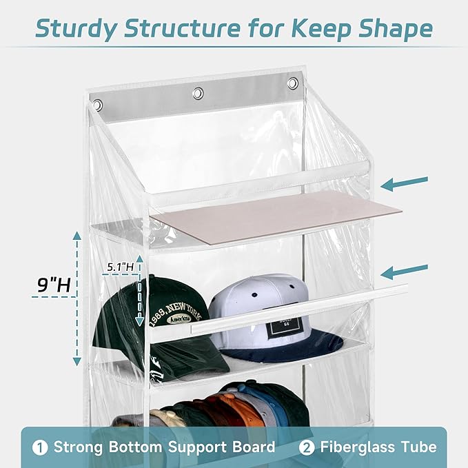 AOODA Clear Over the Door Hat Racks for Baseball Caps, Large Holds up to 72 Caps Hat Storage Organizer for Closet Wall, Deep Pockets Hanging Snapback Holder Shelves with 3 Hooks, White