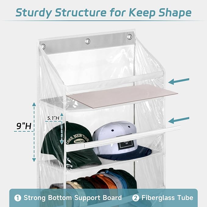 AOODA Clear Over the Door Hat Racks for Baseball Caps, Hold 48 Caps Hat Storage Organizer for Closet Wall, Deep Pockets Hanging Snapback Holder Shelves with 3 Hooks, White