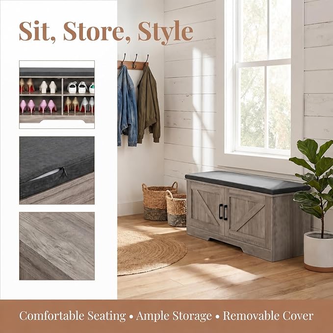 HOMSHO Farmhouse Shoe Storage Bench with 2 Barn Doors & Padded Seat Cushion | 39.4" Wide Entryway Bench with Adjustable Shelves & Hidden Storage, Greige