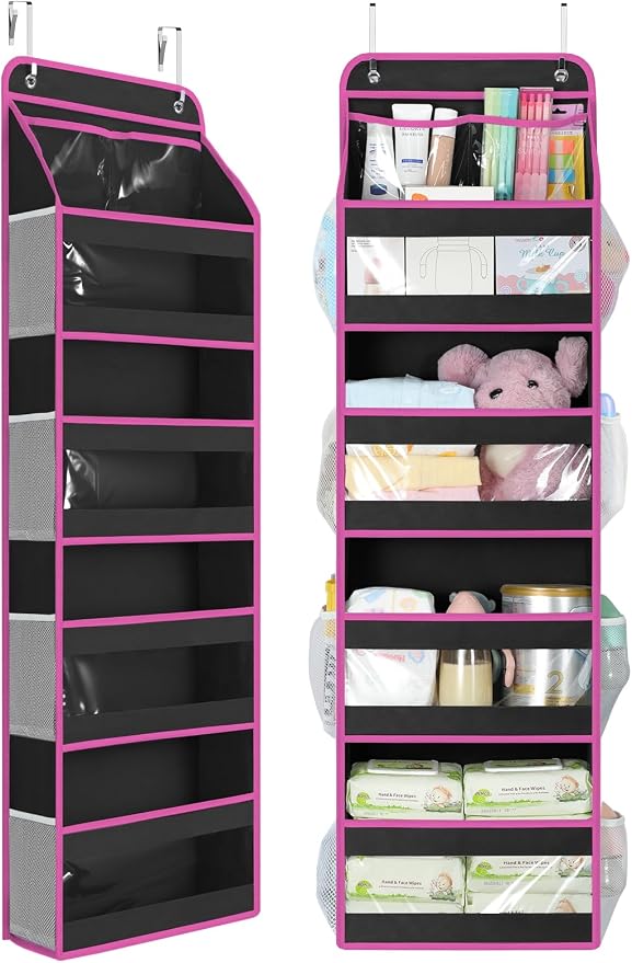 Yecaye 5 Tier Over the Door Organizer, Swing-proof Door Organizer Hanging with Clear PVC Windows, Behind the Door Storage for Bedroom Nursery Closet Laundry Pantry Bathroom, Pink and Black