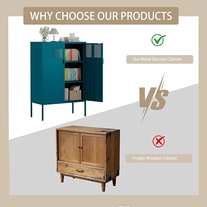 3-Tier Metal Storage Cabinet with 2 Adjustable Shelves & Mesh Doors | Metal Locker Accent Cabinet with Legs, Blue Storage Cabinets, Metal TV Stand Cabinet for Home Office, Entryway & Hallway