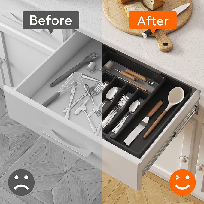 Lifewit Silverware Drawer Organizer, Expandable Utensil Tray for Kitchen, BPA Free Flatware and Cutlery Holder, Adjustable Plastic Storage for Spoons Forks Knives, 33 -57 x 42cm, Black and Gray