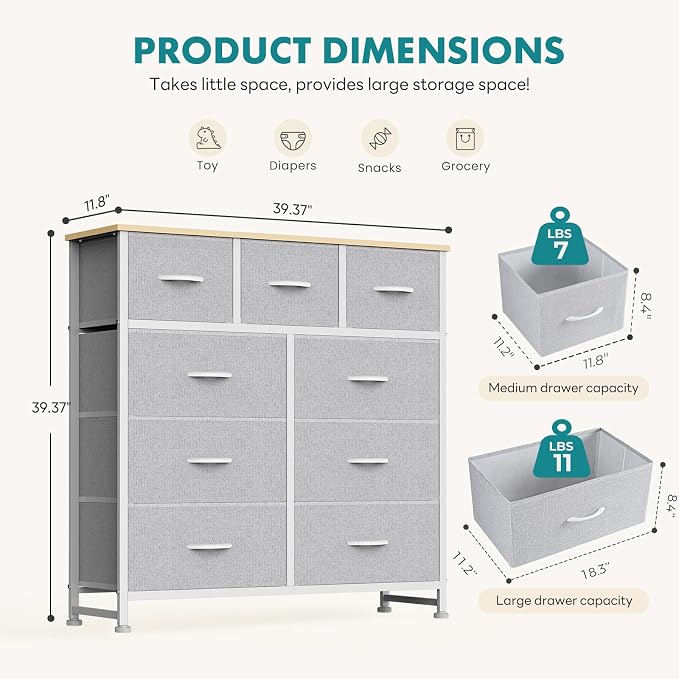 OLIXIS 9 Drawer Tall Dresser for Bedroom, Closet Organizers and Storage | Fabric Dresser with Wooden Top, Chest of Drawers for Clothes Storage, Tower Cabinet, Furniture, TV Stand, Light Grey
