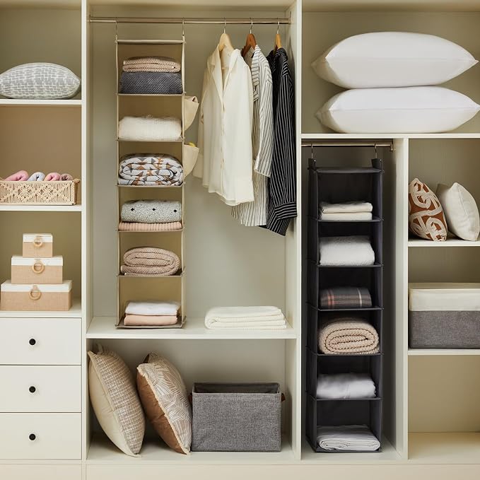 YOUDENOVA Hanging Closet Organizer, 6-Shelf Closet Hanging Storage Shelves, 2 Packs, Beige