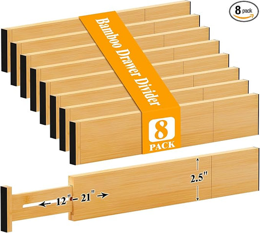 Bamboo Drawer Dividers, 12-21 Inch Kitchen Adjustable Drawer Organizers | Expandable Dresser Separators for Clothes, Ideal for Kitchen, Bathroom, Vanity, Office Organization and Storage, 8-Pack