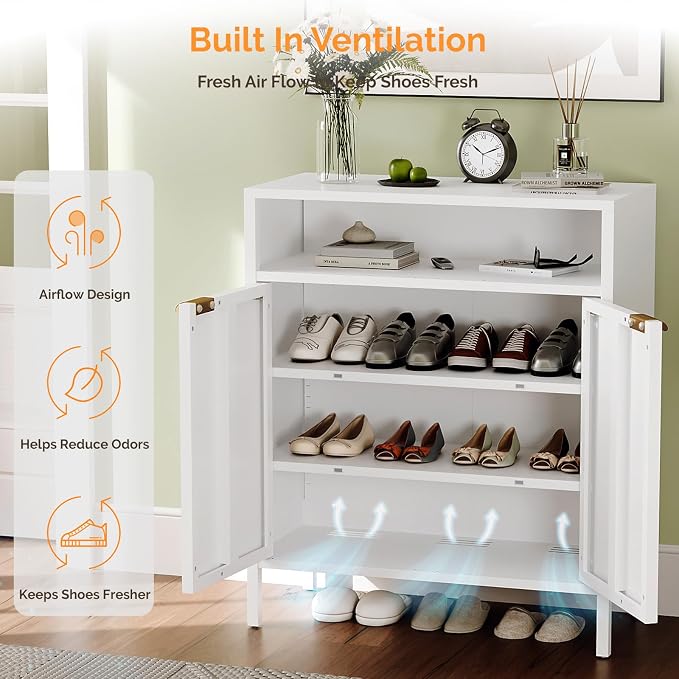 VINGLI Metal Shoe Cabinet, White Entryway Shoe Storage Cabinet with 2 Doors and Open Shelf, 31.5" Waterproof Metal Shoe Rack Organizer with Adjustable Shelves for Hallway, Entryway, Closet