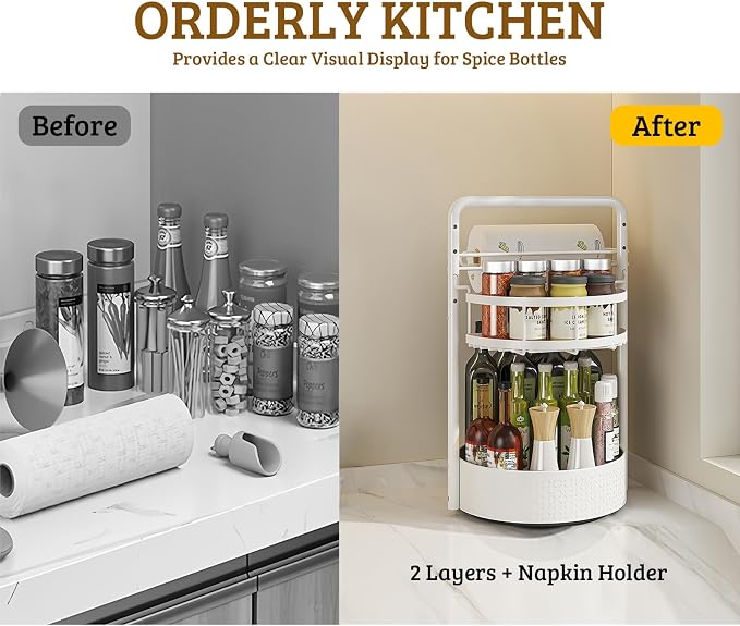 Rotating Spice Rack with Paper Towel Holder, White | 2 Tier Turntable Lazy Susan, Durable Iron, Seasoning Organizer, For Kitchen Countertop